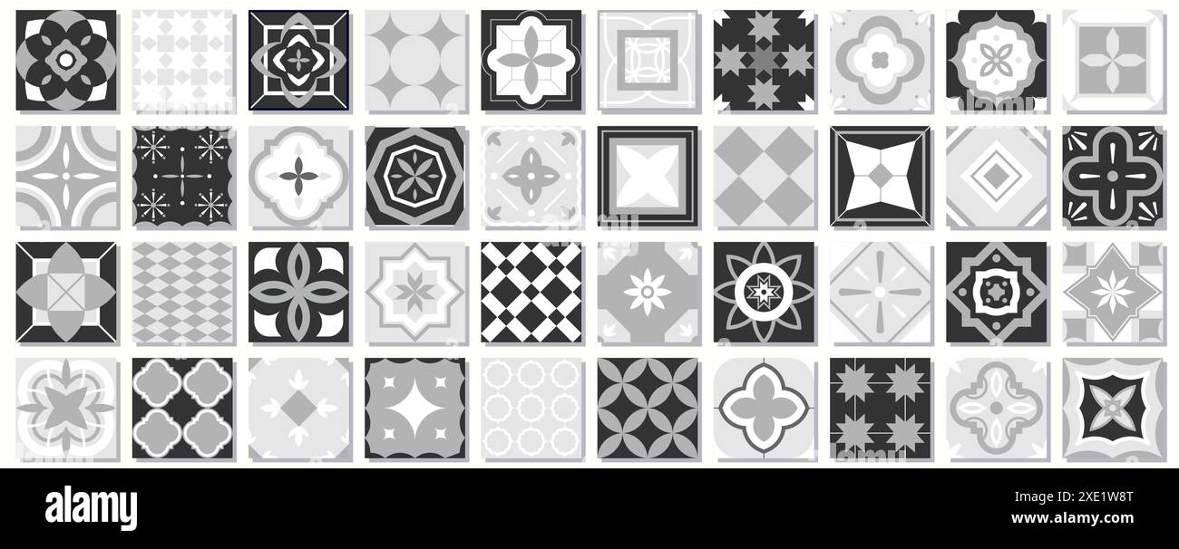 Collection de motifs mosaïques géométriques monochromes sans couture - carreaux vintage textures noir, blanc et gris. Fonds abstraits ornementaux décoratifs Illustration de Vecteur