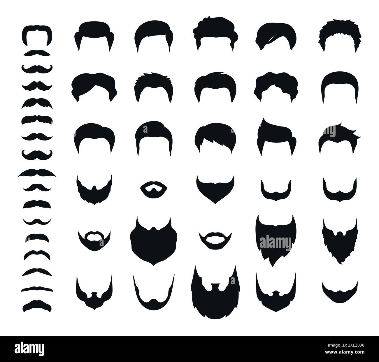Ensemble de coupes de cheveux, barbes et moustaches pour homme. Dispositif de construction de coiffure. Barbes de forme différente, moustache et collection de coiffures. Silhouette homme barbu Illustration de Vecteur