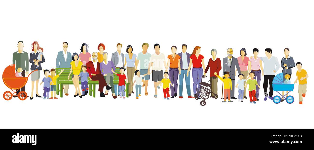 Parents et enfants, grande illustration de groupe familial Banque D'Images