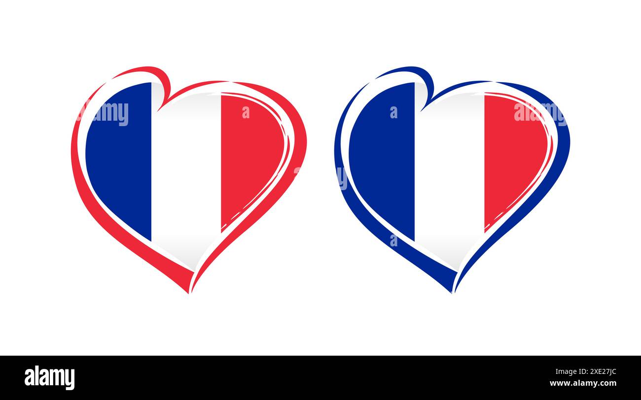 Ensemble d'icônes de coeur français. Brossage cadre et drapeau de la France. Couleurs bleu, blanc et rouge. Concept de logo sport. Design moderne. Concept de récompenses. Illustration de Vecteur