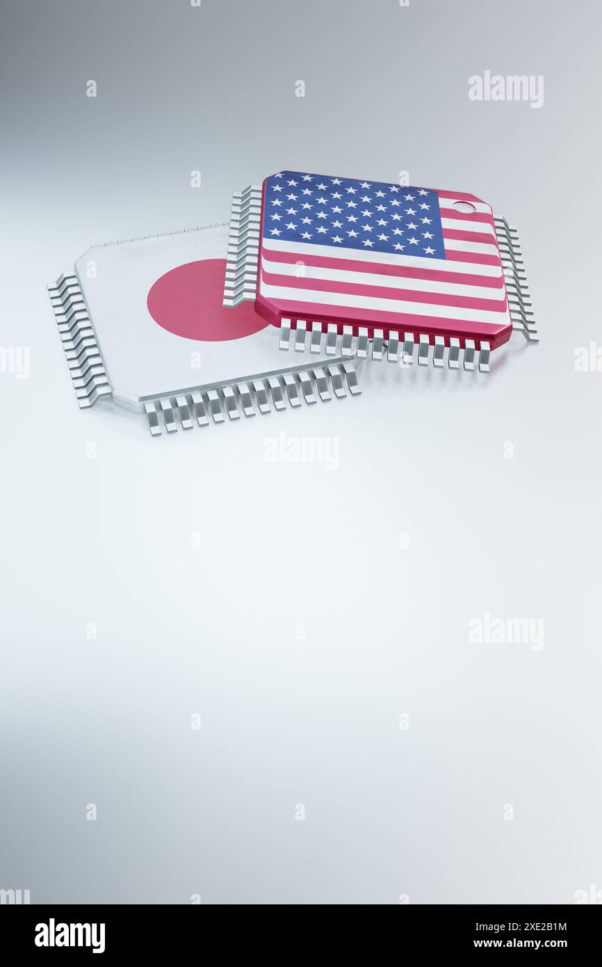rendu 3d de micropuce ou puce semi-conductrice dans le drapeau des pays, pour l'informatique ou la chaîne d'approvisionnement de technologie. Banque D'Images