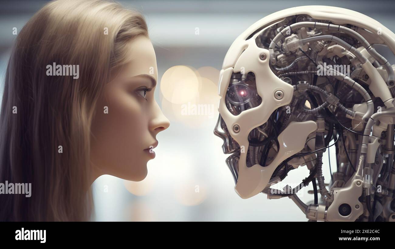 Femme caucasienne versus robot se regardant, face à face, vue latérale, image générée par un réseau neuronal Banque D'Images