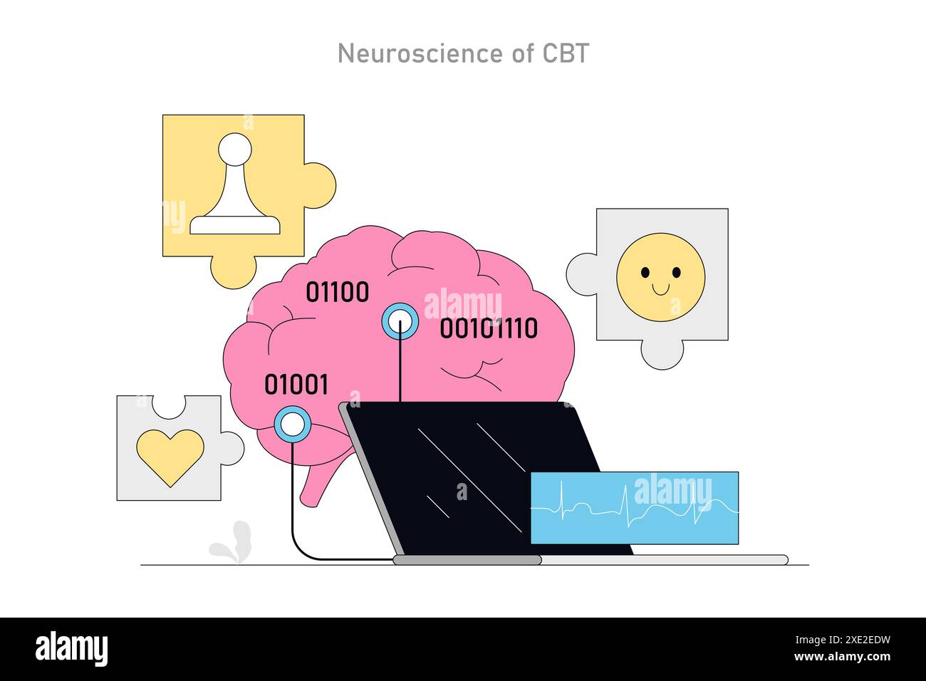 Concept de thérapie comportementale cognitive. Un cerveau stylisé avec des pièces de puzzle relie les émotions et les données numériques. Processus thérapeutique et amélioration de la santé mentale. Illustration vectorielle. Illustration de Vecteur