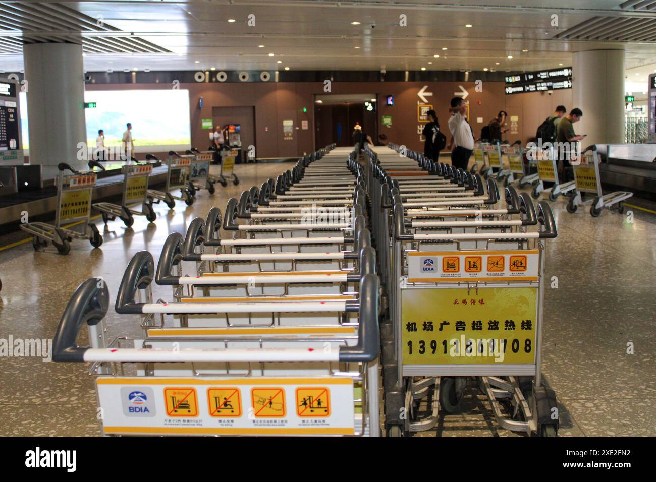 Pékin, Chine - 17 juin 2024 : beaucoup de chariots à bagages à l'aéroport. Photo de haute qualité Banque D'Images