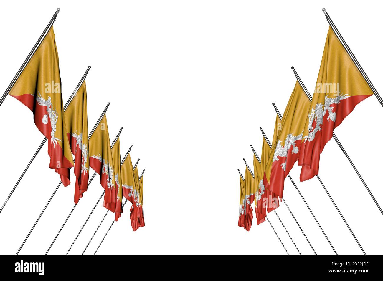 Belle illustration 3d du drapeau du jour de l'indépendance - de nombreux drapeaux du Bhoutan suspendus sur des poteaux diagonaux des côtés gauche et droit isolés sur blanc Banque D'Images