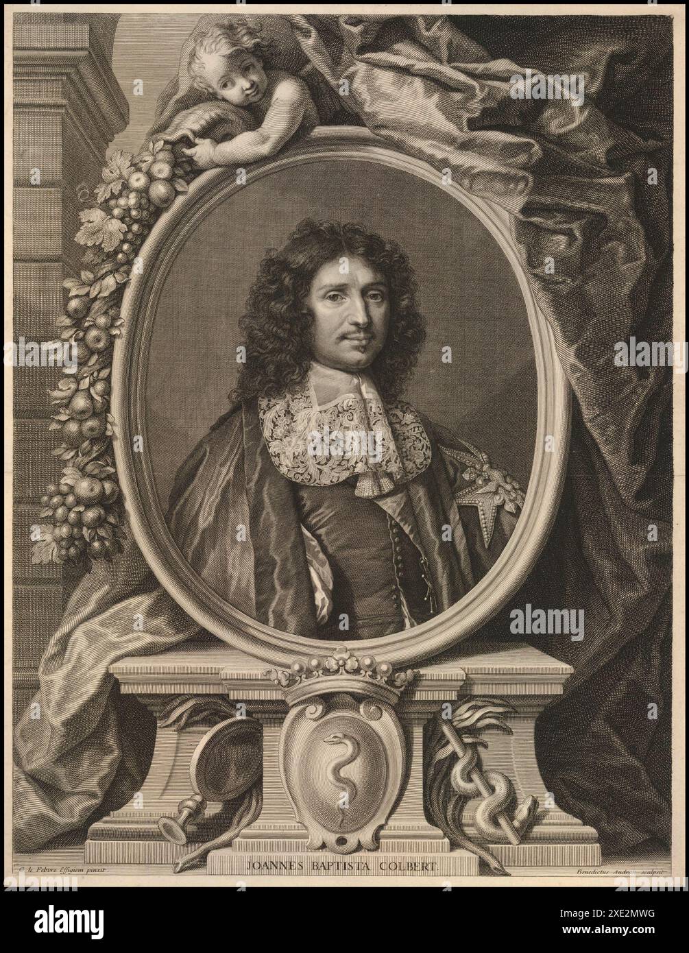 Gravure portrait de Jean Baptiste Colbert, d'après Lefebvre ; demi-longueur, avec collier bordé de dentelle et manteau embrasé de la croix de l'ordre du Saint-esprit sur son épaule gauche ; en ovale sur socle avec blason en bas, et dans la partie supérieure un putto tenant une cornée. 1709 gravure et gravure. Jean-Baptiste Colbert est un homme d'État français qui a été premier ministre d'État de 1661 jusqu'à sa mort en 1683 sous le règne du roi Louis XIV Banque D'Images