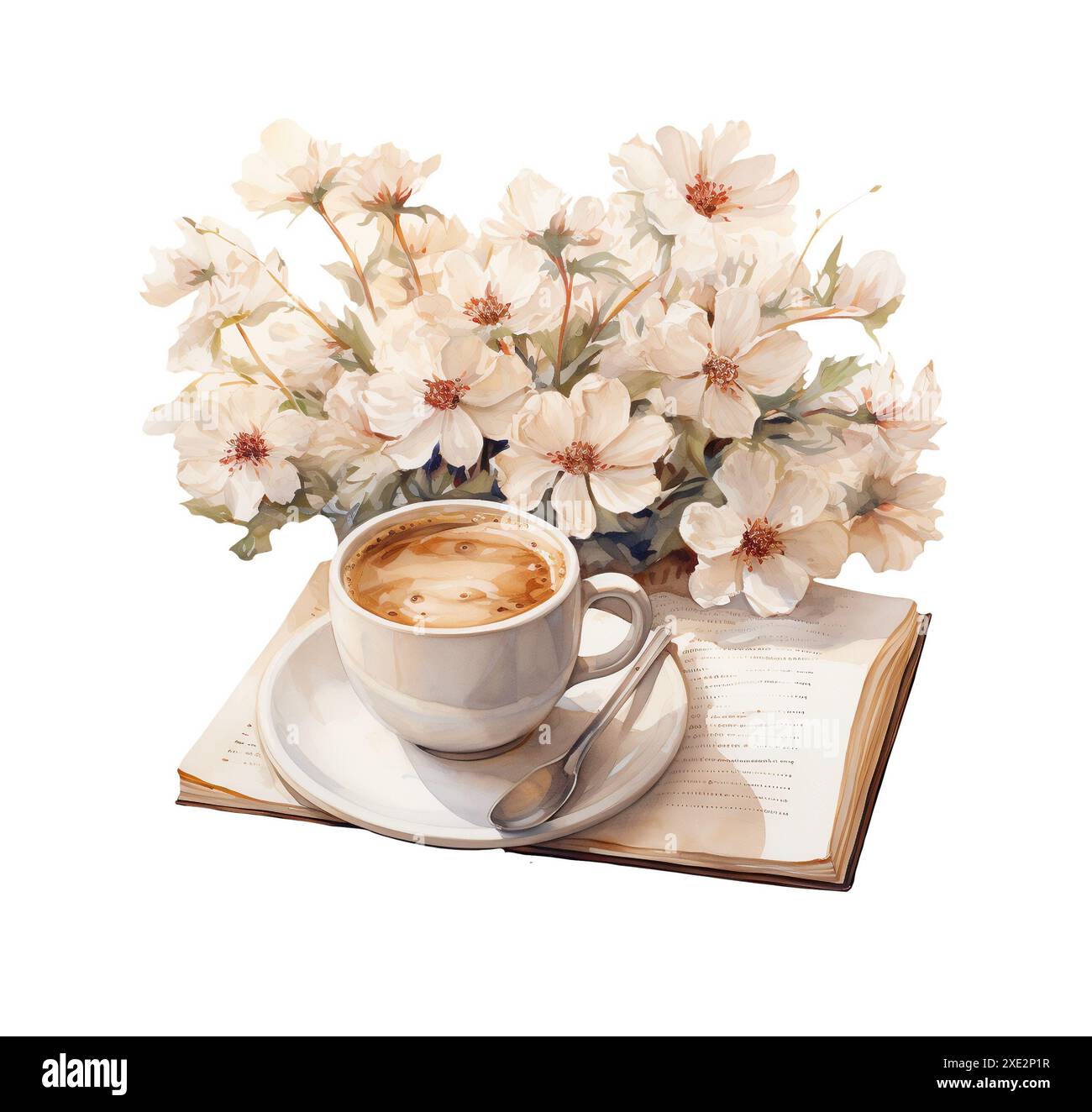 Livres et tasse de boisson chaude avec bouquet de fleurs, chaudes, couleurs pastel, illustration d'automne confortable Banque D'Images