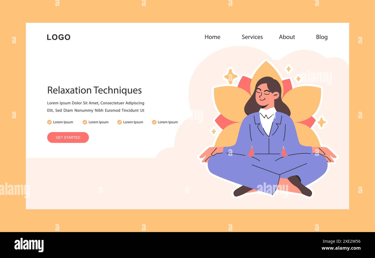 Serein femme d'affaires pratique des techniques de relaxation assis dans une bannière Web de position de lotus yoga ou la page d'atterrissage. Méditation consciente. Équilibre centré. Illustration vectorielle plate. Illustration de Vecteur