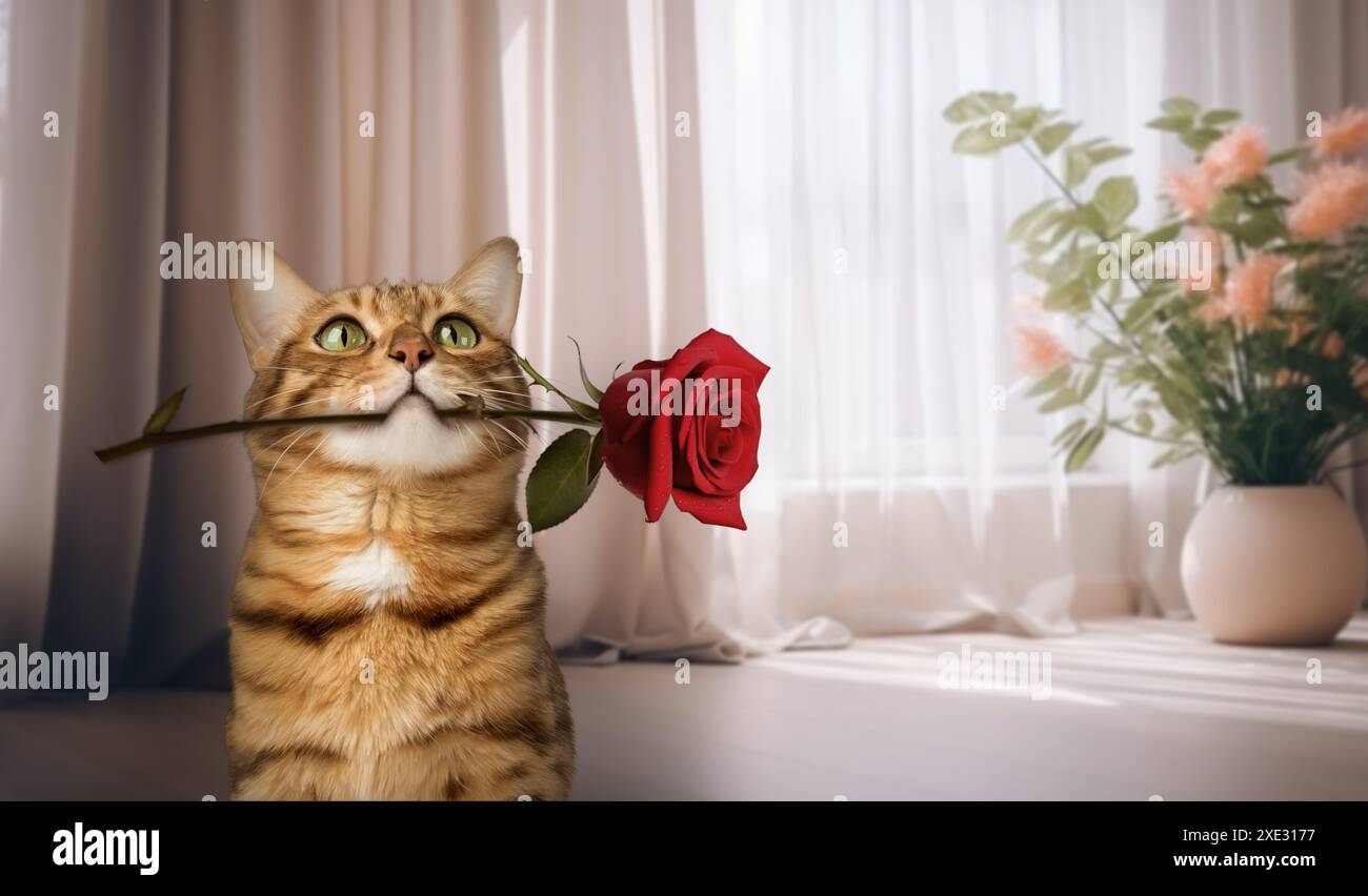 Charmant chat du Bengale avec une rose dans les dents Banque D'Images
