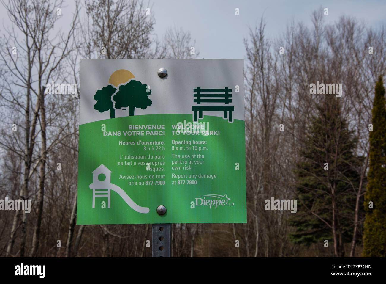 Bienvenue à votre panneau de parc au Riverfront Park à Dieppe, Nouveau-Brunswick, Canada Banque D'Images