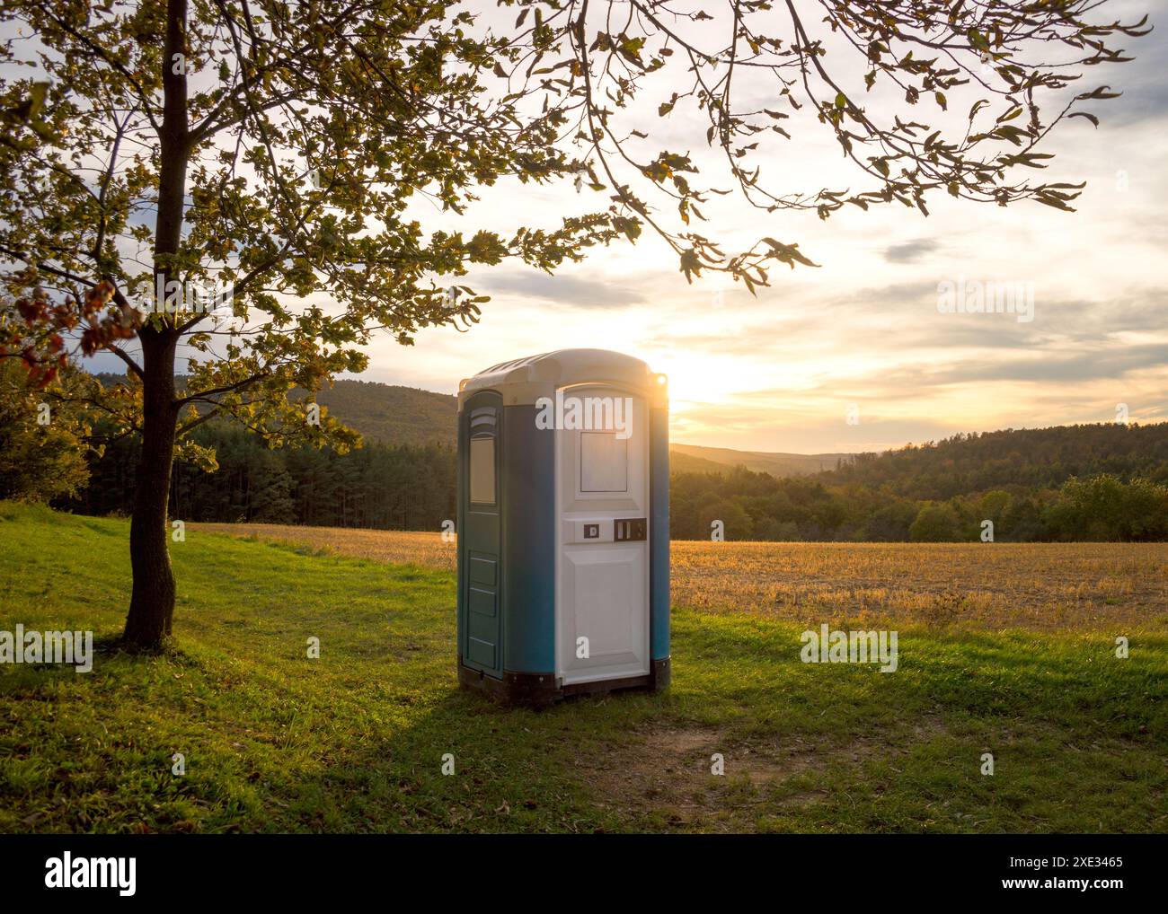 Cabine de toilette en plastique bleu dans la forêt au coucher du soleil Banque D'Images