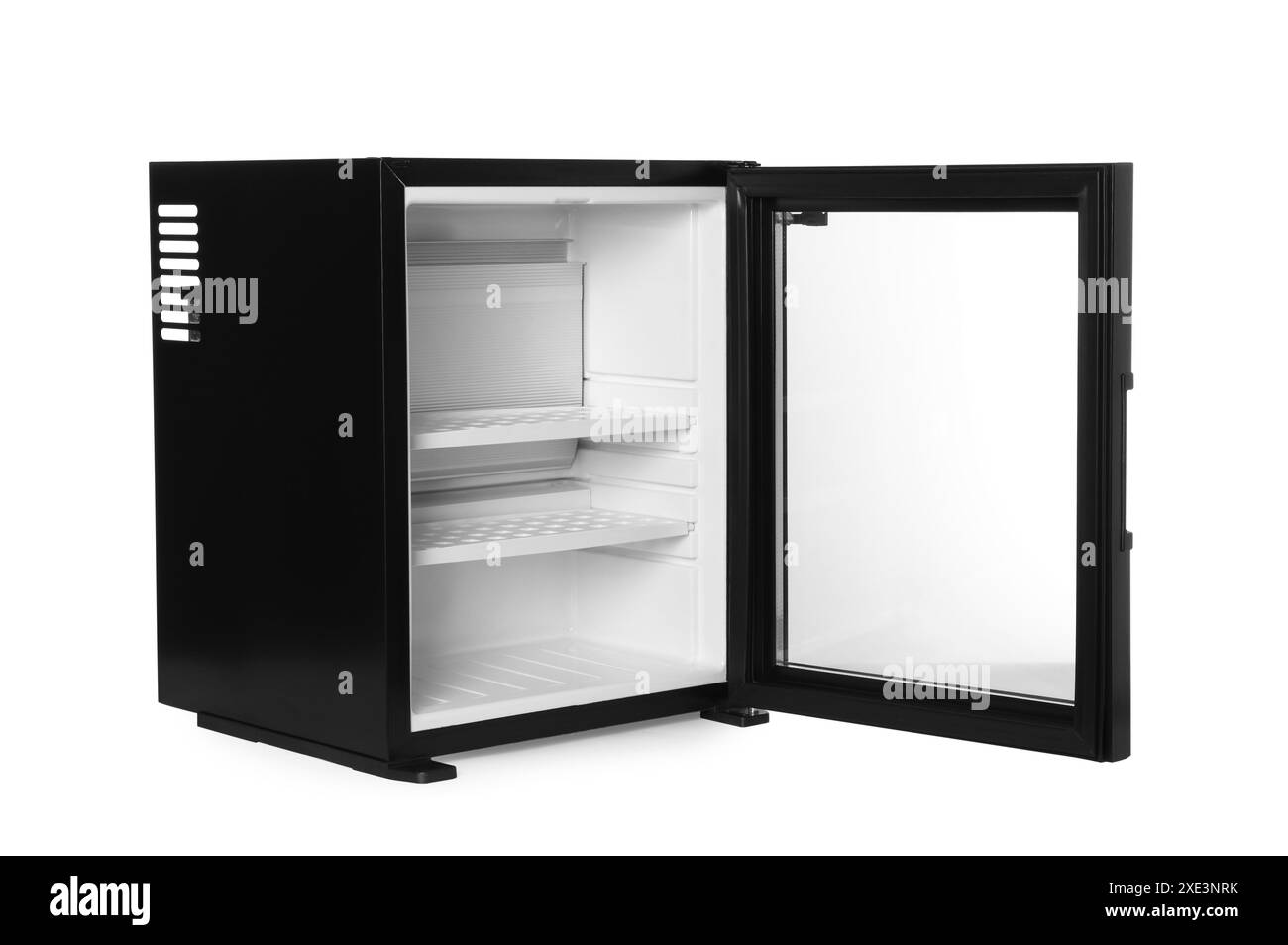 Mini réfrigérateur moderne vide isolé sur blanc Banque D'Images