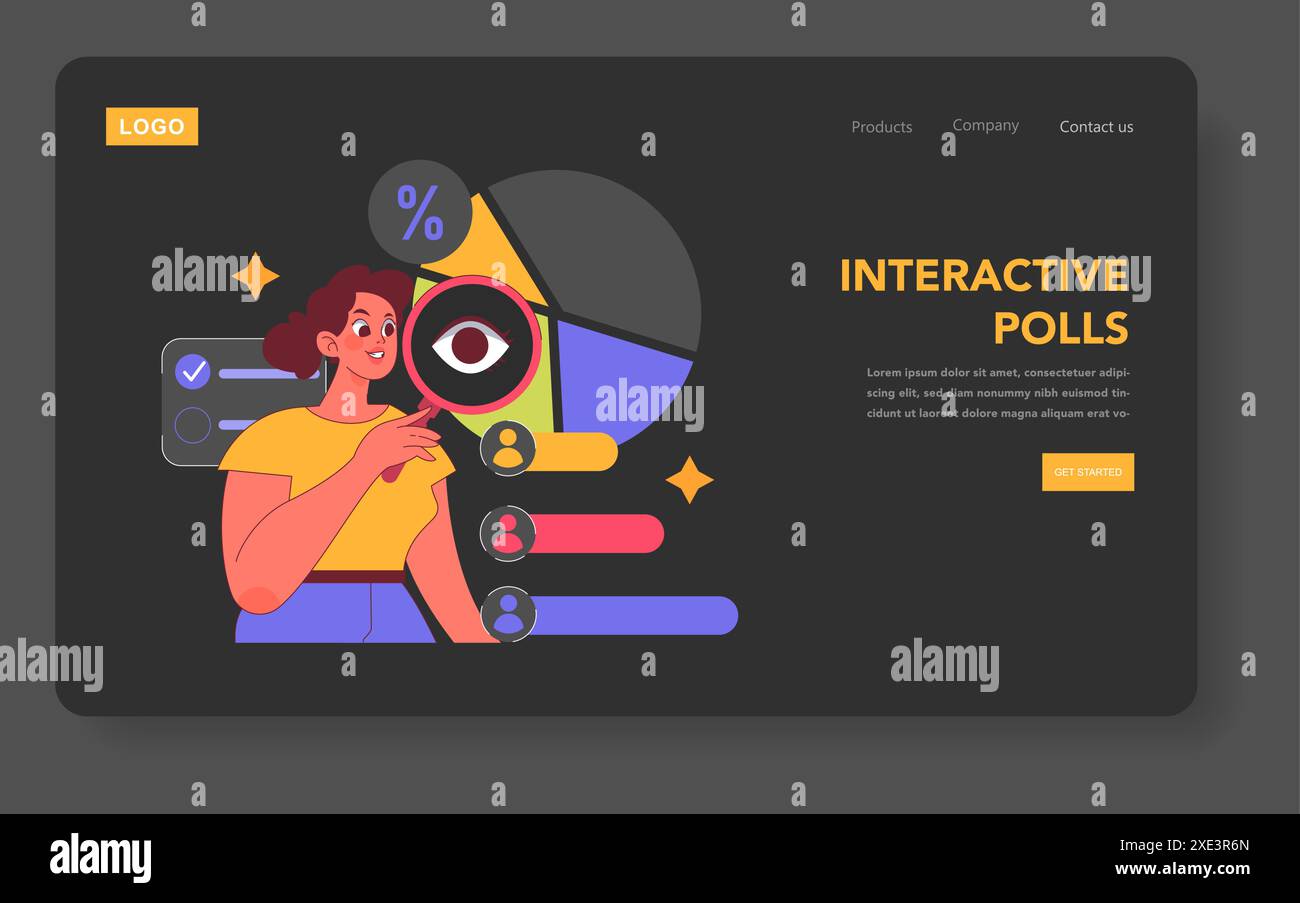 Concept de stratégie numérique. Illustration d'une femme analysant des sondages interactifs sur une interface de site Web avec des graphiques vibrants. Aperçu des outils d'engagement en ligne. Illustration vectorielle. Illustration de Vecteur