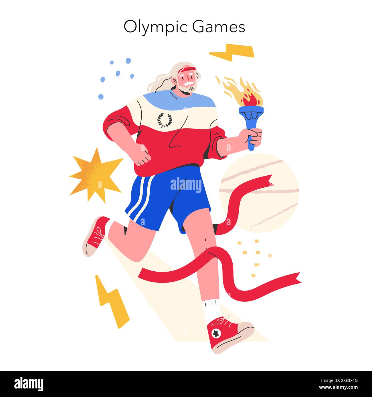 Illustration des Jeux Olympiques. Coureur dynamique portant la torche flamboyante, symbolisant l'unité et l'esprit sportif. Concept d'événement sportif international. Illustration vectorielle. Illustration de Vecteur