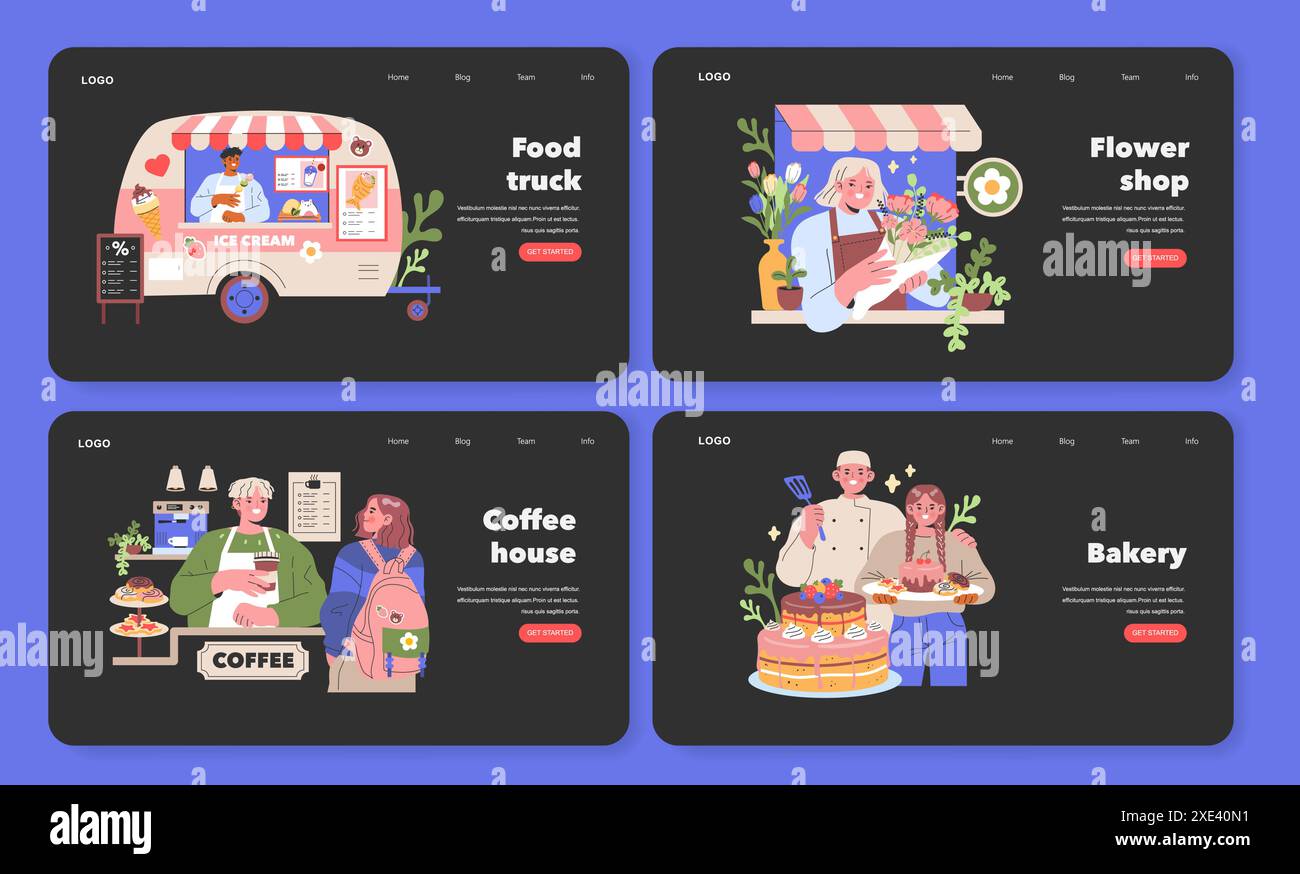 Les scènes animées de petites entreprises ont mis en place un camion de crème glacée, une boutique florale, un café et une boulangerie remplissent les rues avec la vie communautaire dynamique illustration vectorielle pour le web Illustration de Vecteur