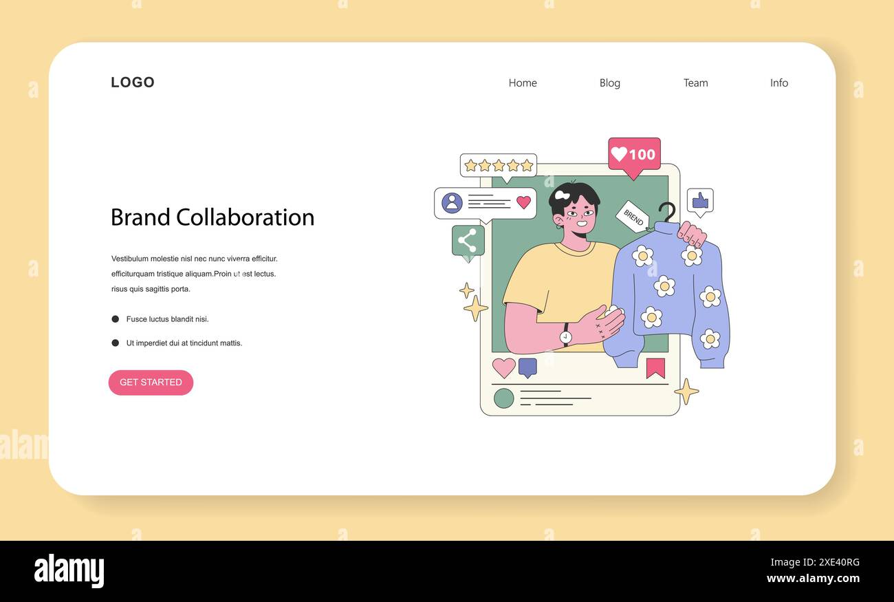 Concept des influenceurs sociaux. Un influenceur présente des vêtements de marque sur une plateforme sociale pour une collaboration efficace avec la marque. Illustration vectorielle. Illustration de Vecteur