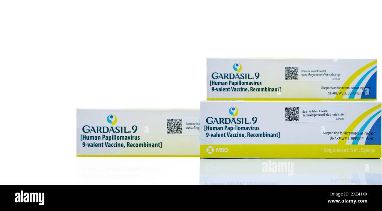 CHONBURI, THAÏLANDE - 14 JUIN 2024 : vaccin contre le VPH Gardasil 9. Prévention du virus du papillome humain, vaccin recombinant 9-valent dans un emballage en carton Banque D'Images