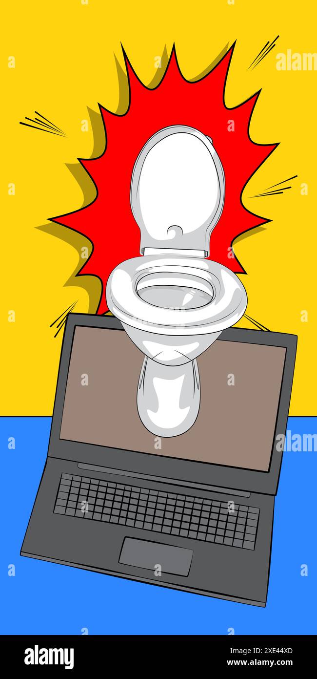 Cartoon Laptop, carnet de bande dessinée avec toilettes encastrées. Design pop art de bandes dessinées vectorielles rétro. Illustration de Vecteur