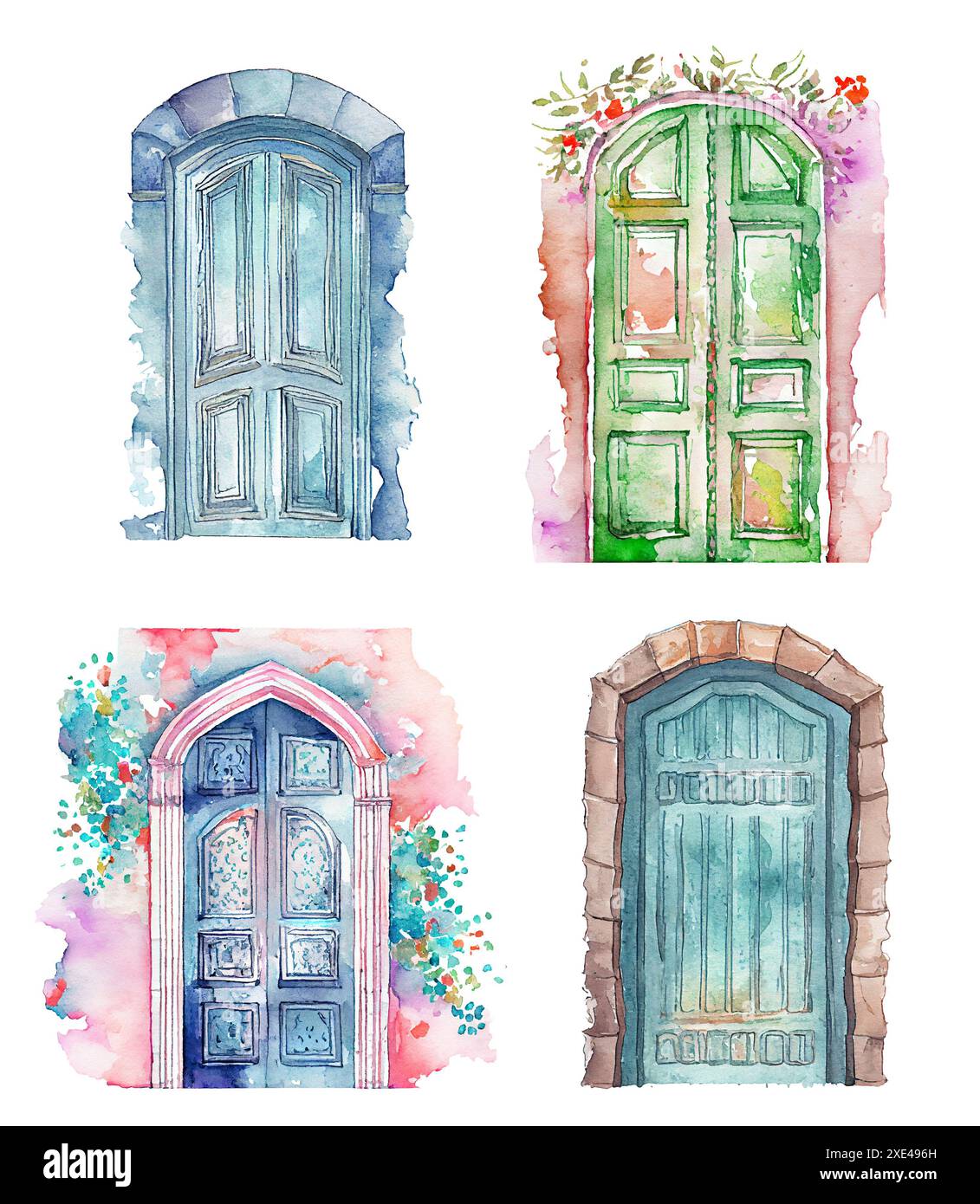 Illustration de porte vintage aquarelle. Vieille porte en bois avec des fleurs sur fond blanc Banque D'Images