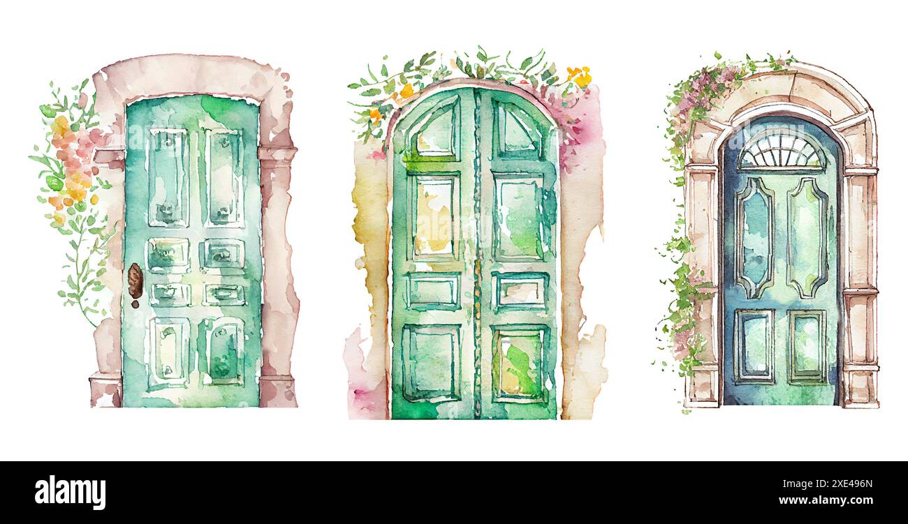 Illustration de porte vintage aquarelle. Vieille porte en bois avec des fleurs sur fond blanc Banque D'Images