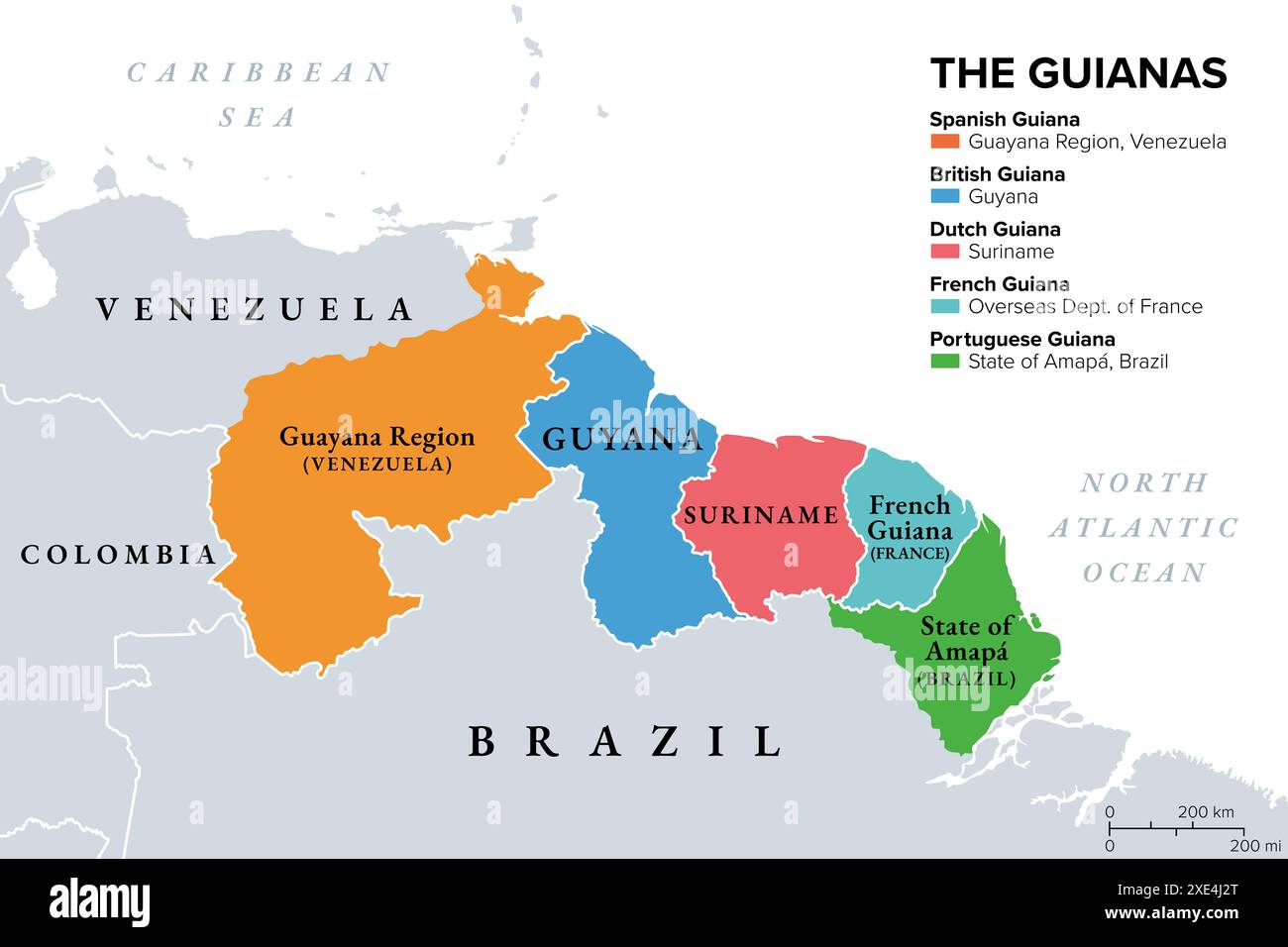 Les Guyanes, aussi Guyanes ou Guayanas, carte politique. Région du nord-est de l'Amérique du Sud. Banque D'Images