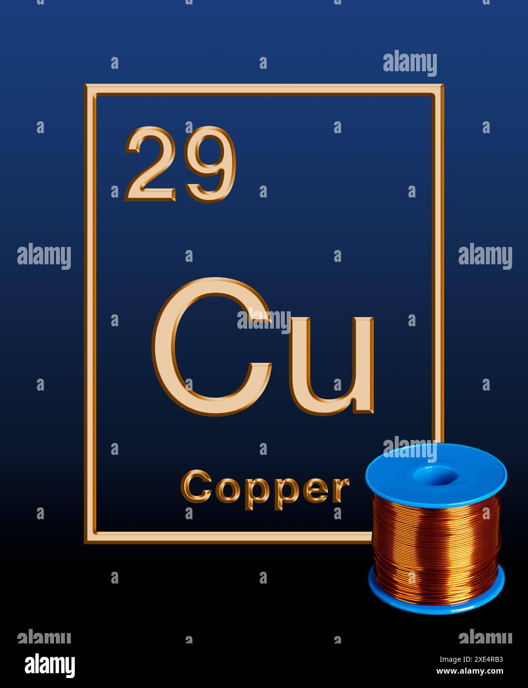 Bobine de cuivre et l'élément chimique cuivre de la table périodique, avec le nom latin Cuprum, symbole Cu et numéro atomique 29. Bobine avec fil de cuivre. Banque D'Images