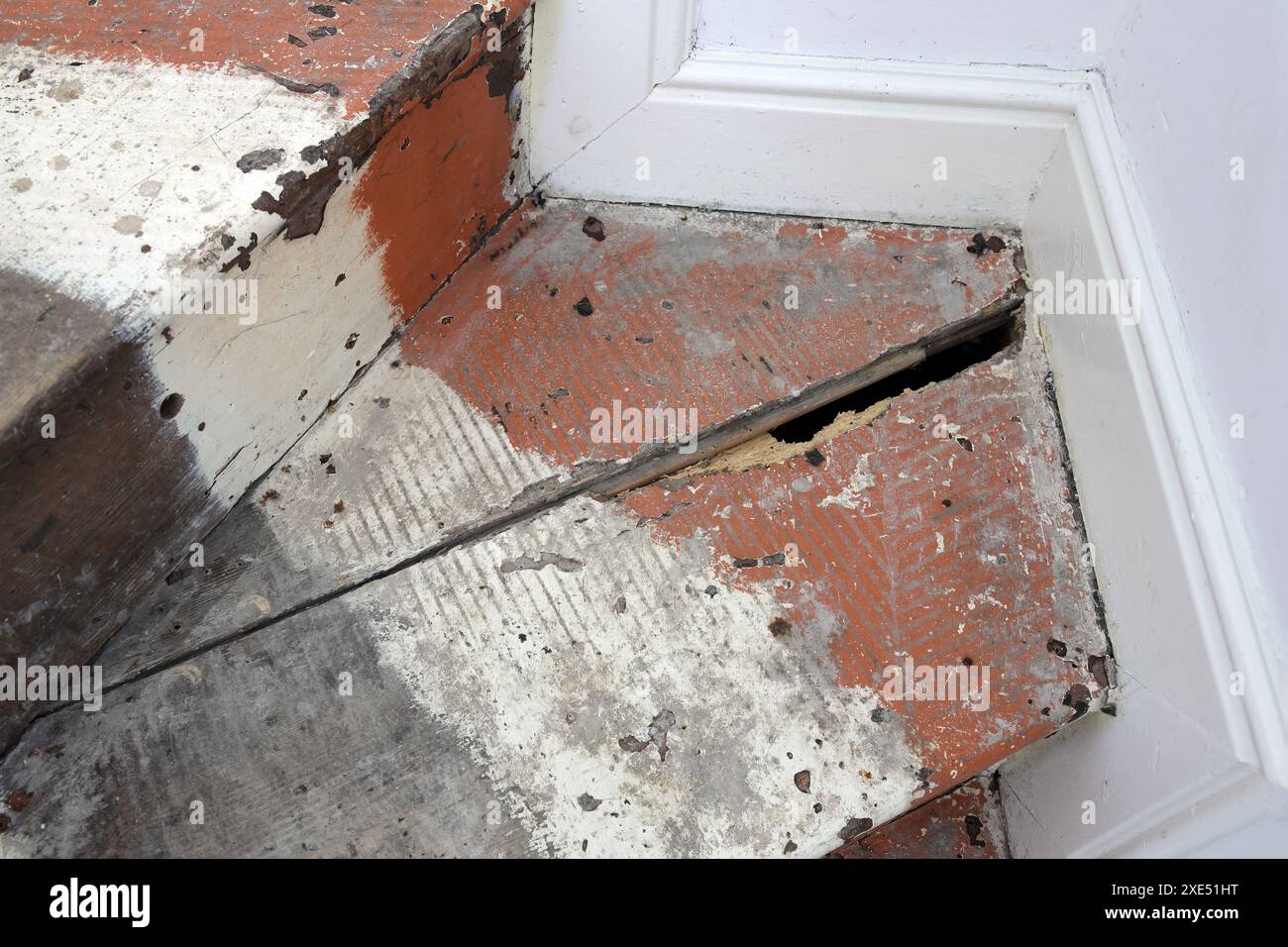 Escaliers en bois avec des dommages causés par des vers des bois dans une propriété locative, Royaume-Uni Banque D'Images