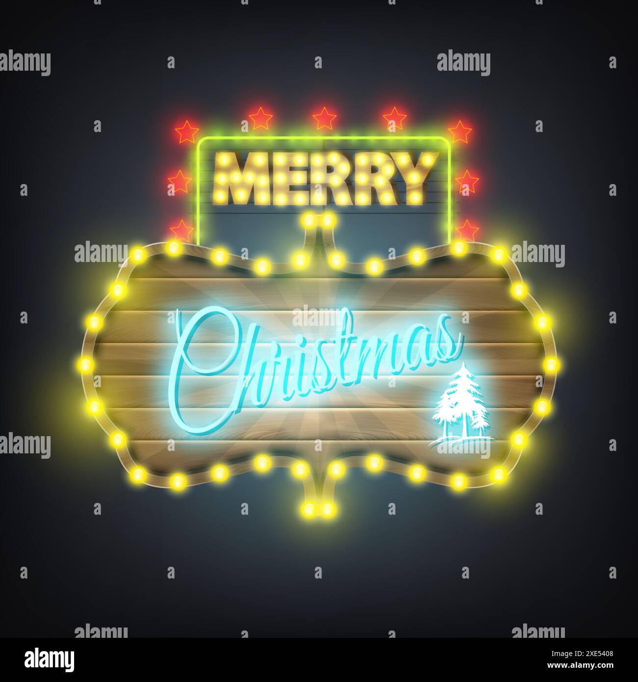 Joyeux Noël panneau d'affichage au néon en bois. Banque D'Images