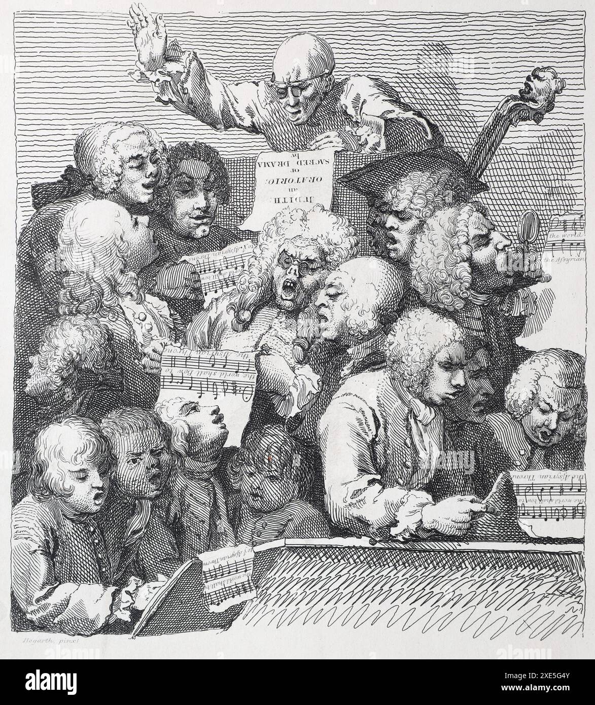 Illustration en noir et blanc : 'le Chœur des chanteurs' ou 'L'Oratorio'. Gravure d'après William Hogarth (1697 - 1764). Il a été fait en 1732 comme un billet d'abonnement pour sa grande gravure, 'A Midnight Modern conversation'. Ce fac-similé est apparu dans le livre de E T Brain & Co des œuvres de Hogarth vers 1830-35. Banque D'Images