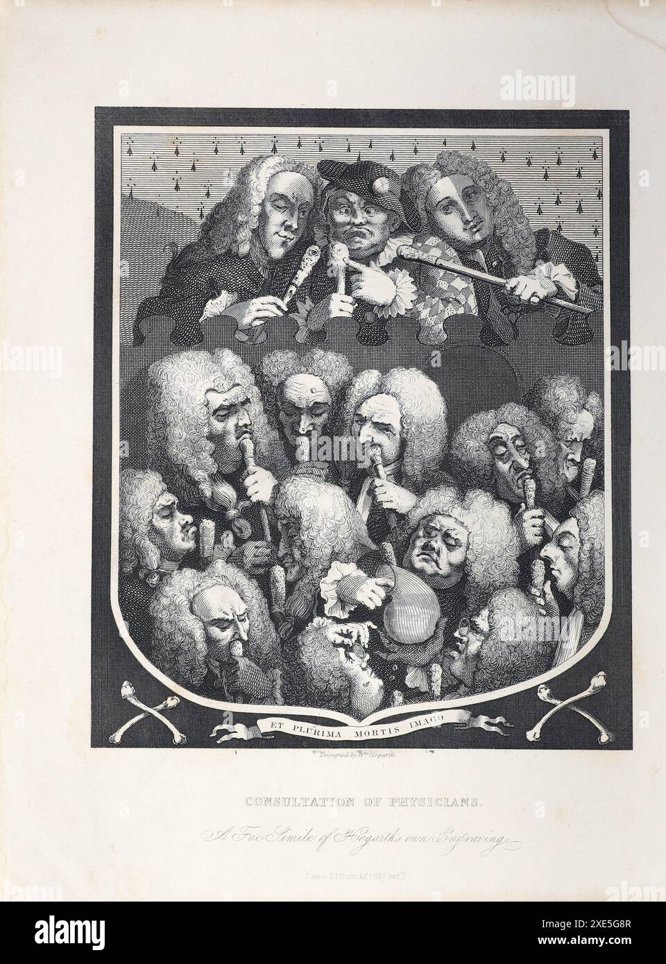 Gravure d'après William Hogarth : 'consultation des médecins', une satire sur la soi-disant 'profession Meidcal' de l'époque. Le bâtonnet de têtes est représenté dans un blason imaginaire avec la devise « et PLURIMA MORTIS IMAGO », traduite grossièrement par « et j'imagine de nombreux types de mort ». Les trois personnages en haut de l'image représentent des charlatans réels Joshua Ward, peut-être le charlatan le plus tristement célèbre de son temps ; Sarah Mapp, une aubaine bien connue ; et John Taylor, un occultiste. Chaque tête est montrée reniflant une pommeau attachée au sommet de leurs cannes pour soulager la puanteur de la mort et Banque D'Images