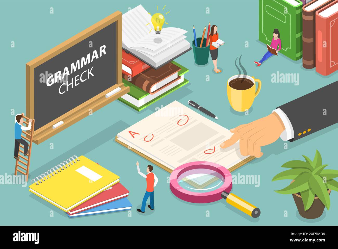Isométrique 3D Flat illustration conceptuelle de la vérification grammaticale, Proofreading Online Service 3D Isométrique Flat Conceptual Illustrat Banque D'Images