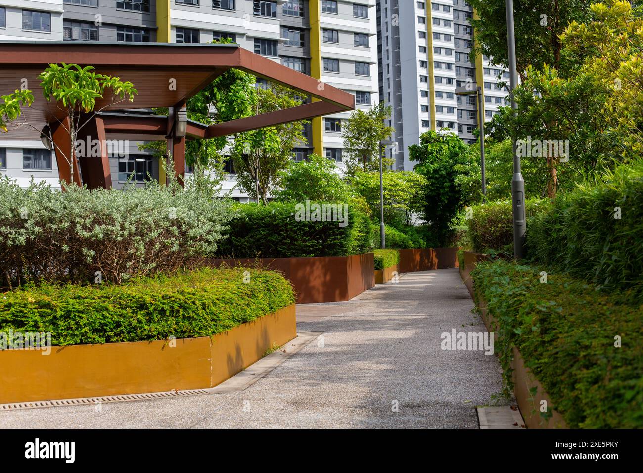 Jardin sur le toit avec passerelle au sommet du parking à plusieurs étages à Singapour, mettant en valeur la verdure urbaine et le design durable. État naturel du jour. Personne. Banque D'Images
