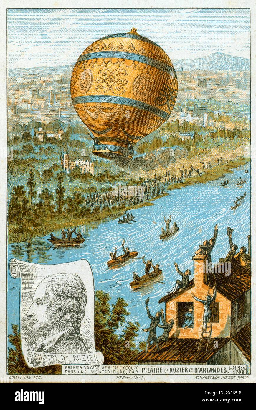 Erster bemannter Freiballonflug, Pilatre de Rozier und der Marquis dArlandes, 21. Novembre 1783, im Montgolfier Heißluft-ballon aus dem bois de Boulog Banque D'Images