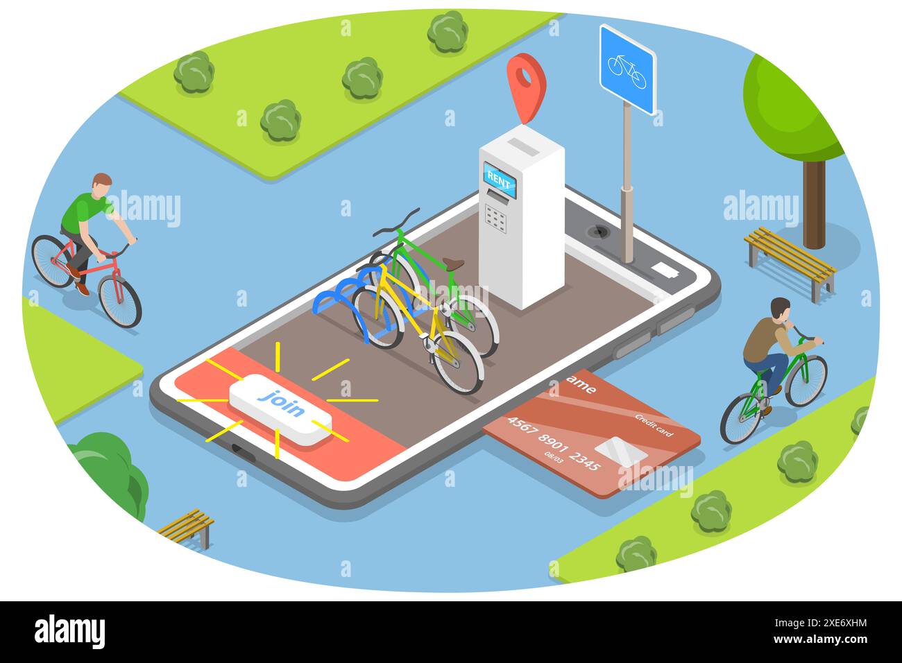 3D Isomtric Flat illustration conceptuelle de la location de vélos, City Bicycle Sharing Mobile Service 3D Isomtric Flat Conceptual Ill Banque D'Images