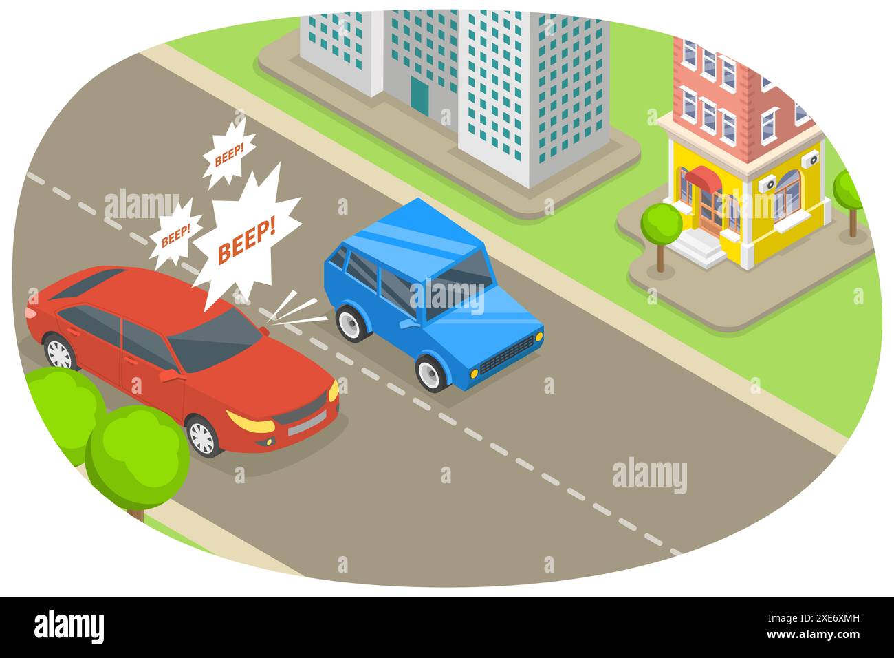 Illustration conceptuelle plate isométrique 3D de Angry car Driver , klaxon pour aucune raison 3D Isomtric Flat Conceptual illust Banque D'Images