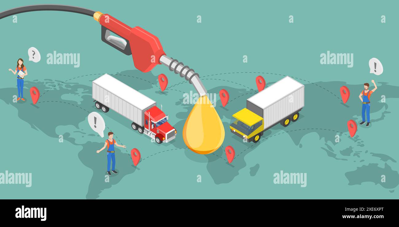 3D Isométrique plat illustration conceptuelle des carburants de transport, carburant alimentant l'expédition de cargaison 3D Isométrique plat conceptuel I Banque D'Images