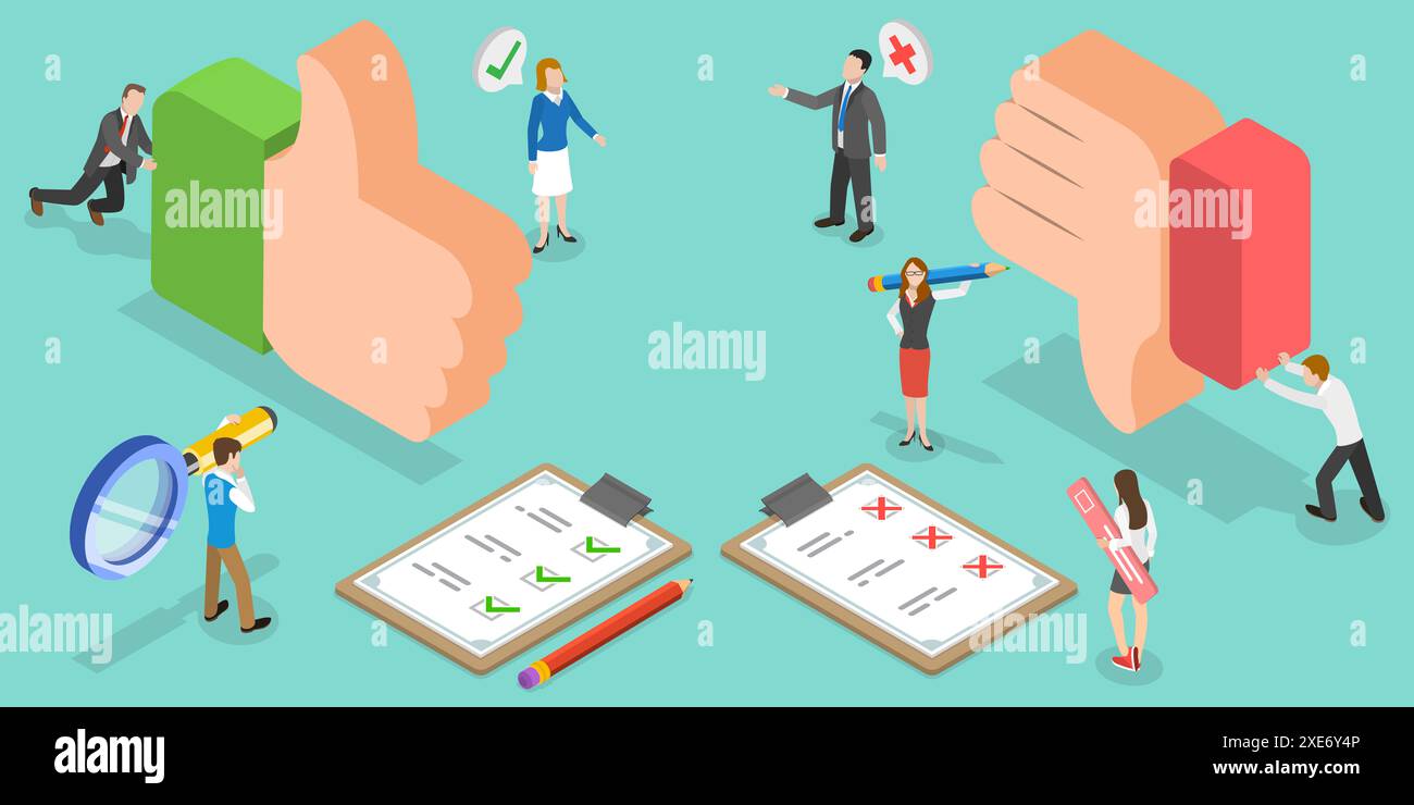 3D Isométrique plat illustration conceptuelle de l'avantage et de l'inconvénient, évaluation et brainstorming recherche 3D Isométrique FLA Banque D'Images