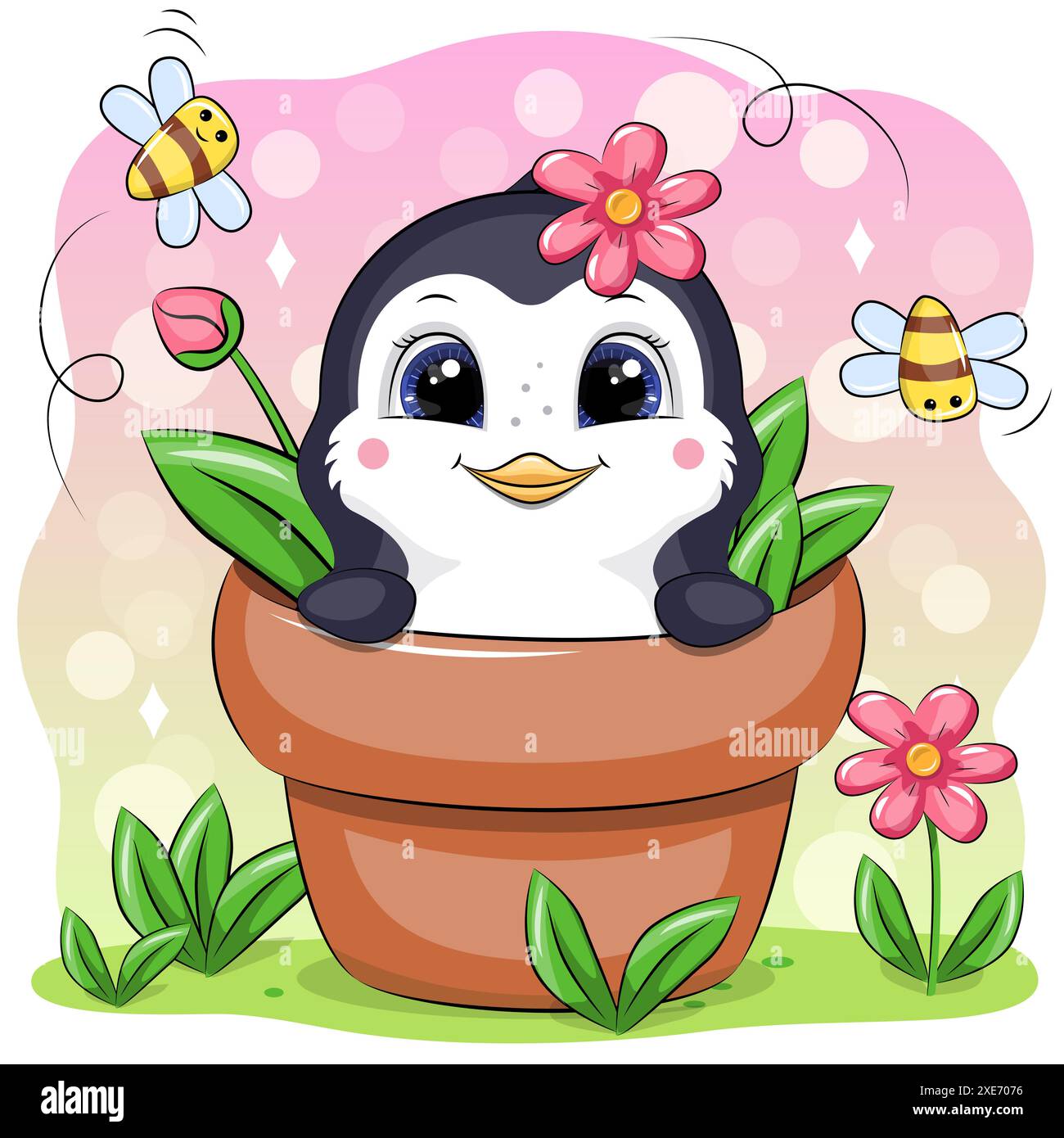 Pingouin de dessin animé mignon dans un pot de fleurs avec des fleurs et des abeilles. Illustration vectorielle de l'animal dans la nature. Illustration de Vecteur
