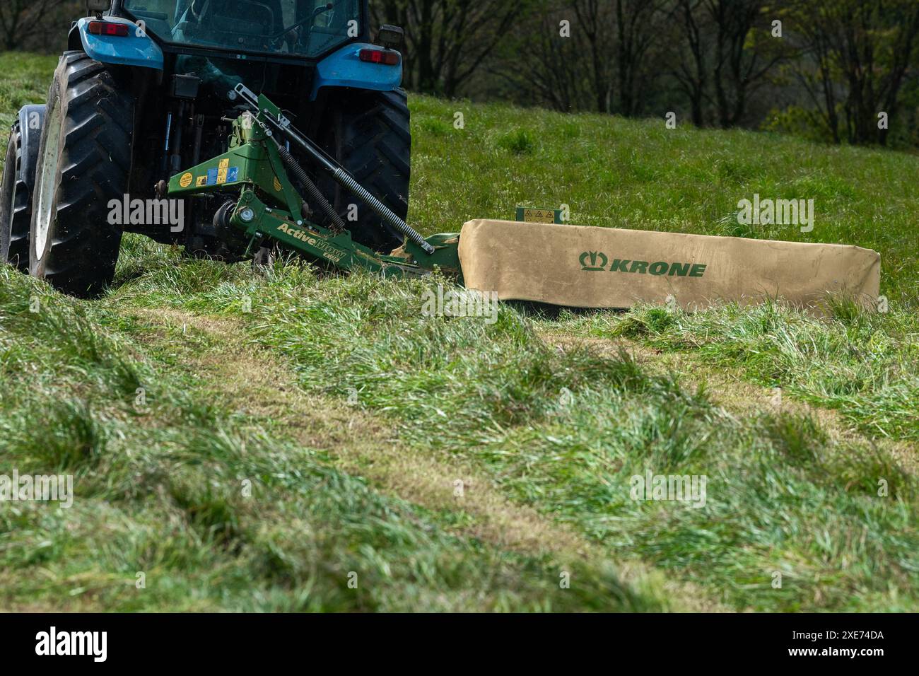 Knocknageehy, West Cork, Irlande. 22 avril 2024. Après des mois de fortes pluies, les agriculteurs coupent enfin l'herbe pour l'ensilage. Éleveur de boeuf pedigree, Keit Banque D'Images