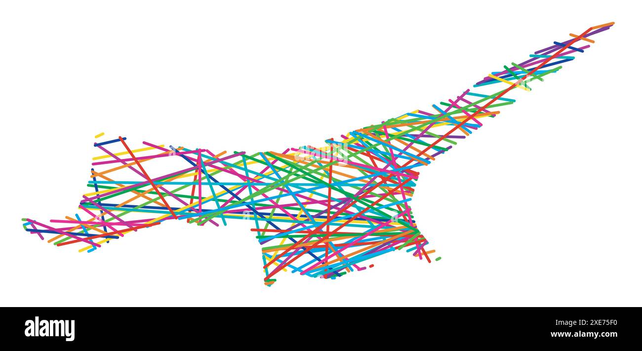 Carte abstraite de la République turque de Chypre du Nord montrant le pays avec des lignes colorées croisées aléatoires comme une toile d'araignée Illustration de Vecteur