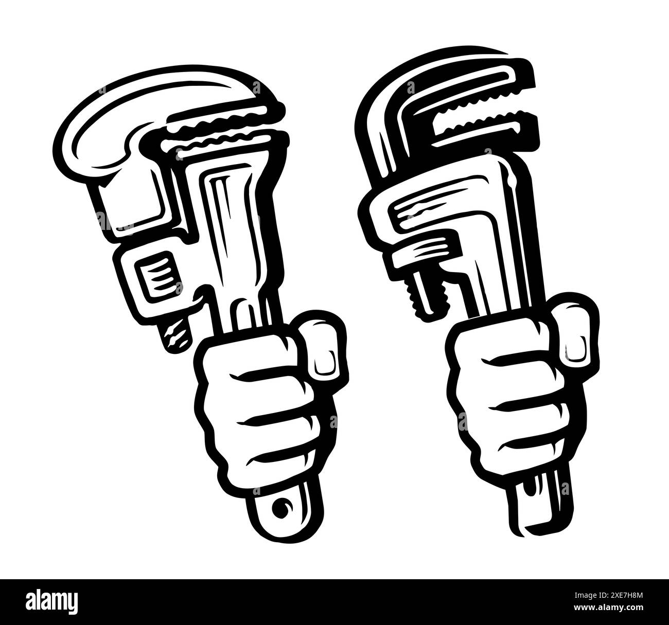 Clé à tube réglable à main. Poing avec clé. Symbole ou signe d'amélioration de l'habitat, de service de réparation Illustration de Vecteur