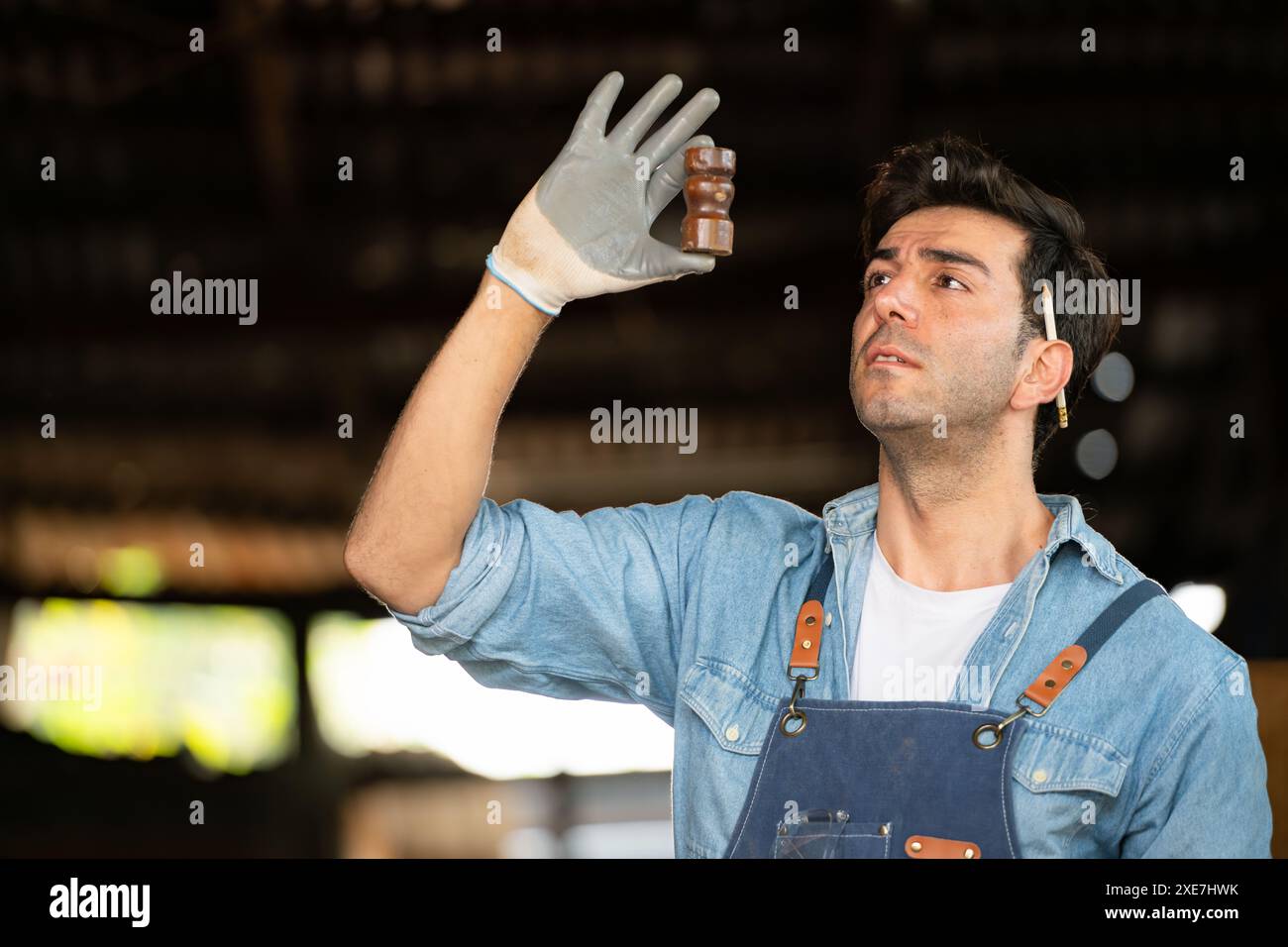 Menuisier travaillant dans son atelier de menuiserie. La vue est utilisée pour assurer la précision. Banque D'Images