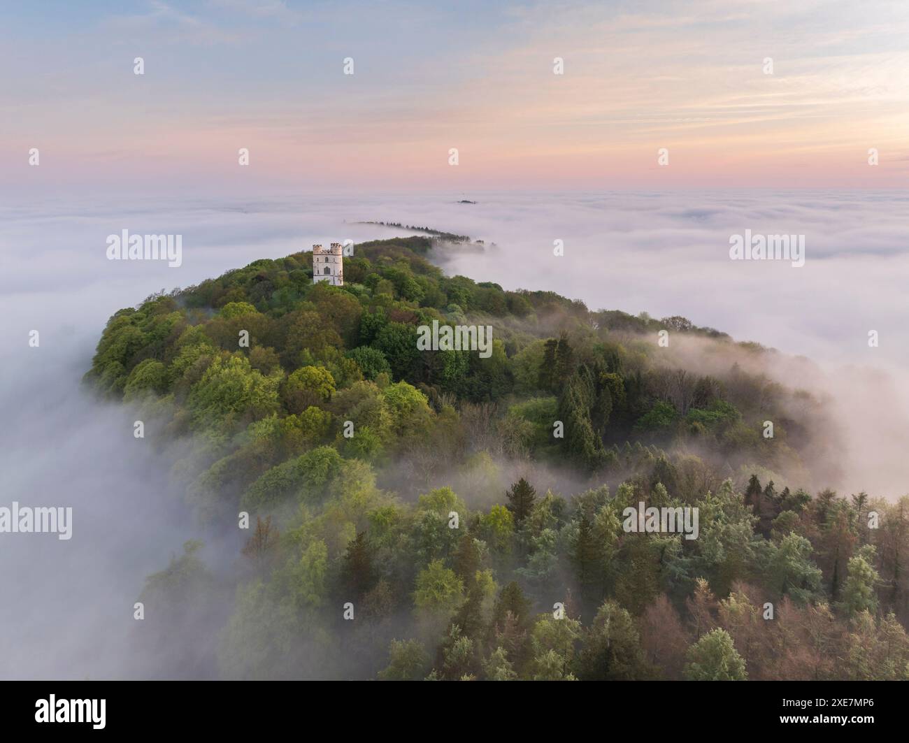Haldon Belvedere (château de Lawrence) à l'aube par un matin brumeux, Exeter, Devon, Angleterre. Printemps (mai) 2024. Banque D'Images