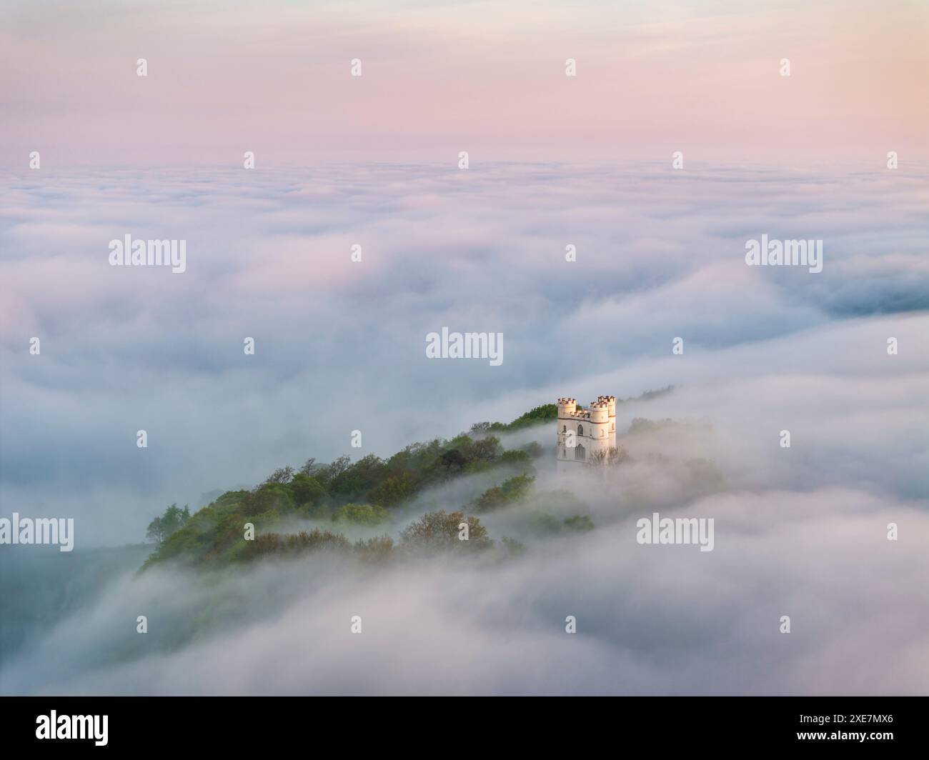 Haldon Belvedere (château de Lawrence) à l'aube par un matin brumeux dans le Devon, Angleterre. Printemps (mai) 2024. Banque D'Images