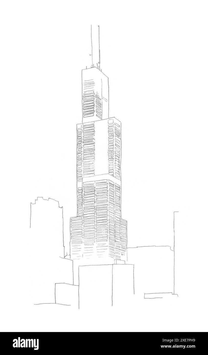 Croquis de dessin au crayon architectural du bâtiment Willis Tower à Chicago, Illinois, États-Unis. Banque D'Images