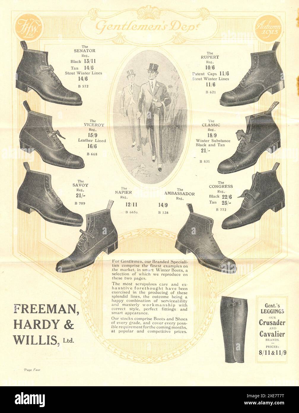 Page du catalogue de chaussures automne et hiver 1915-16 de Freeman Hardy & Willis Ltd, les plus grands détaillants de bottes et chaussures au monde Banque D'Images