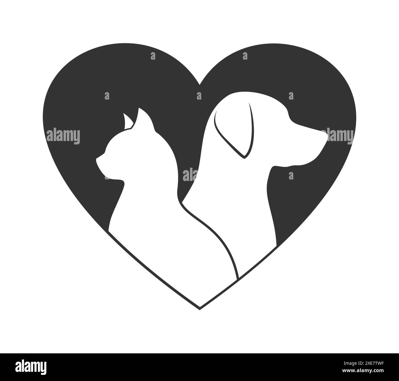 Silhouettes latérales d'un chat et d'un chien à l'intérieur d'un coeur, isolées sur un fond blanc. Illustration vectorielle Illustration de Vecteur