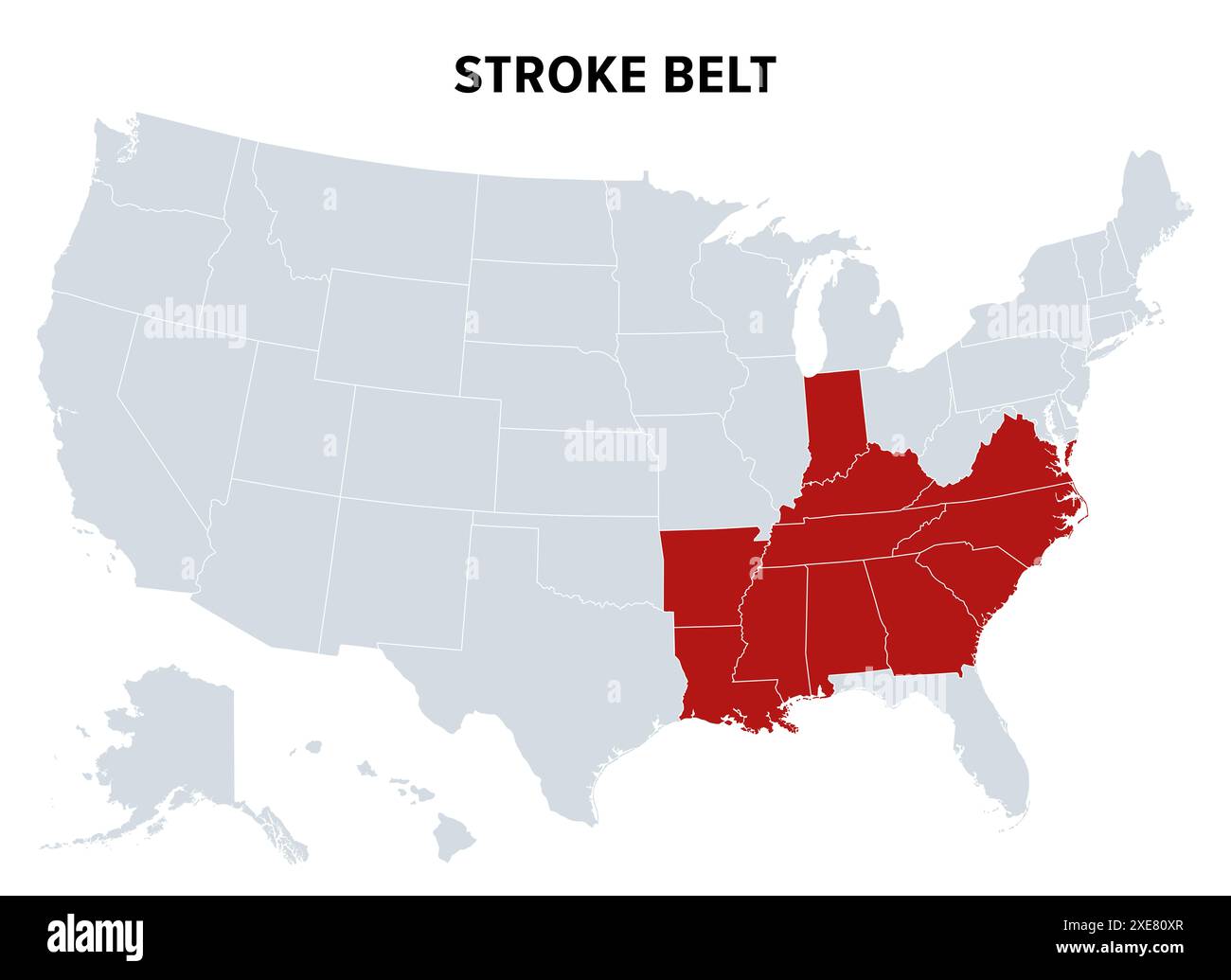 Stroke Belt, ou Stroke Alley, carte politique. Région des États-Unis qui a été reconnue pour avoir une incidence exceptionnellement élevée d'AVC. Banque D'Images