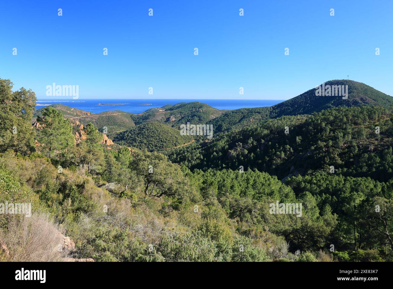 Vue de dessus au-dessus de la Côte d'Azur depuis le Mont Saint Martin, Estérel, Var Banque D'Images