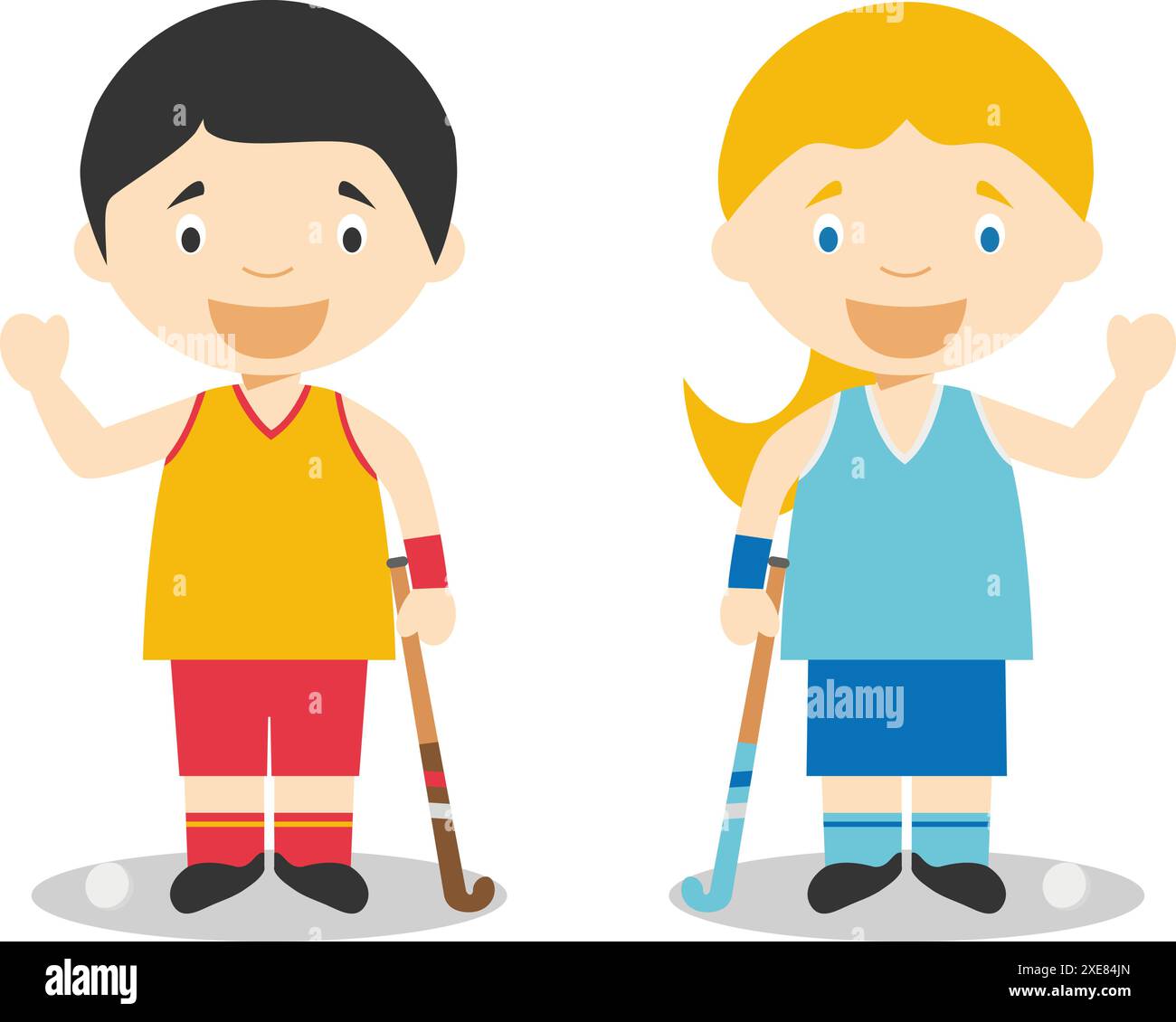 Illustrations vectorielles sportives : Hockey Grass personnages de dessins animés masculins et féminins Illustration de Vecteur